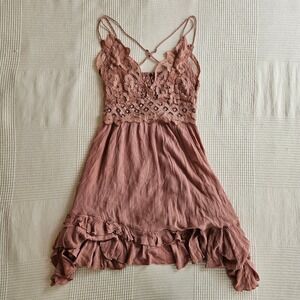 Free People Adella Crochet Lace Fairy Boho Festival Mini Dress Mauve Pink S
